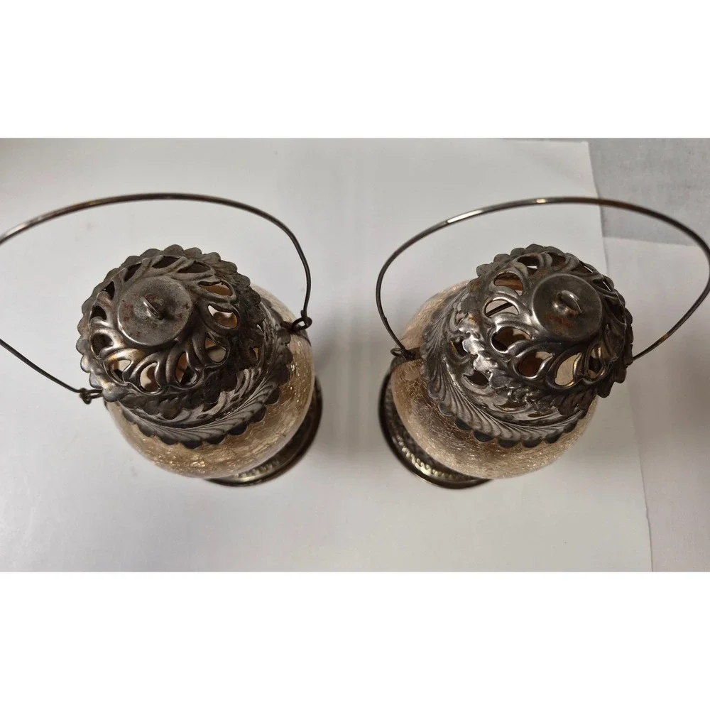 Vintage Silver Tone Crackle Glass Tea Light Lanterns Set of 2 Amber Boho Decor